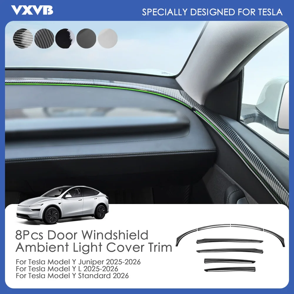 

8Pcs Car Door Decorative Strip For Tesla Model Y Juniper 2025 2026 ABS Carbon Fiber Anti-Scratch Windshield Ambient Light Trim