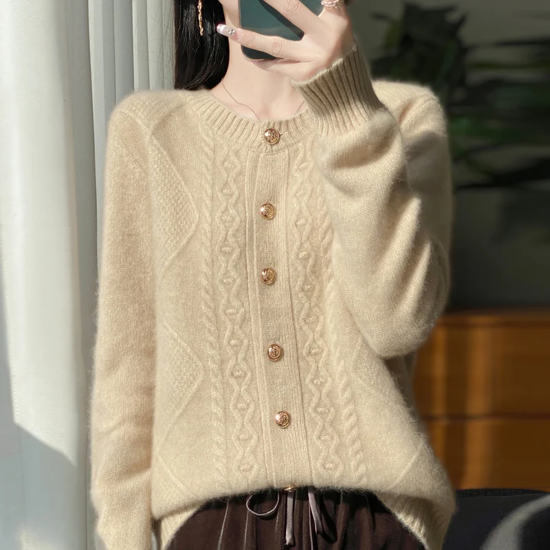 Classic Women Knitted 100% European Wool Cardigan Fashion Sweater O-Neck Single breasted Twisted pattern High-quality Loose Tops