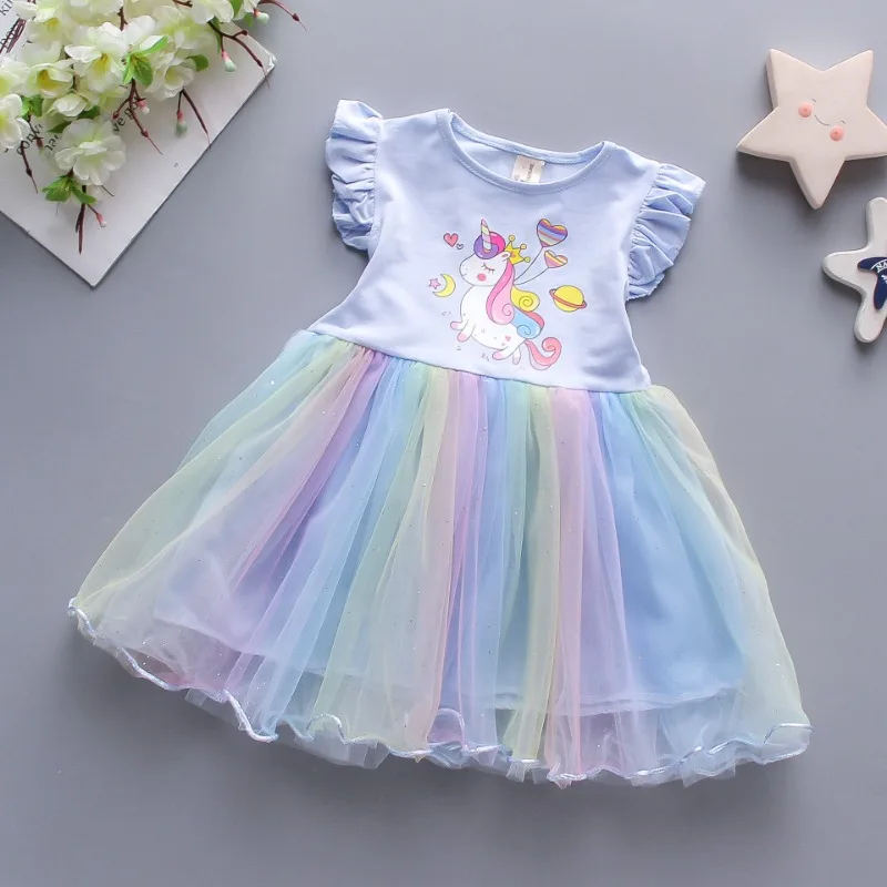 Girls Clothes 2024 New Summer Princess Dresses Unicorn Party Baby Dresses for Children Clothing Flying Sleeve Kids Dress 3-8Y