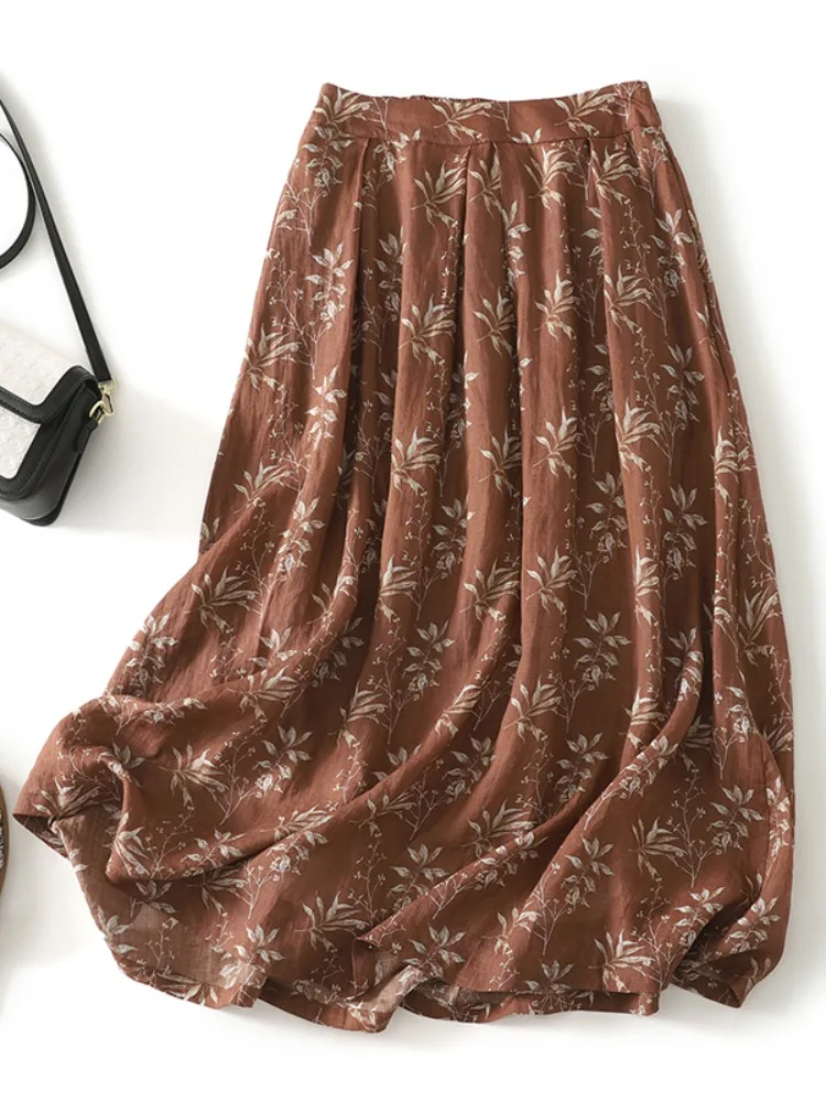 

Artistic Floral Cotton Linen f Skirt Women's High Waist Ele Mid-Length Anti-Aging Slimming A-Line Umbrella Skirt Thin