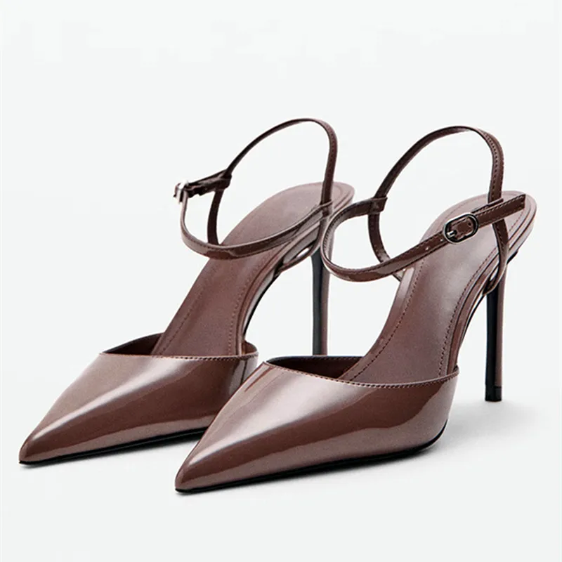 

Luxury Patent Leather Ankle-Strap High Heels Women Sexy Pointed-Toe Mules Sandals for Ladies Elegant Office Shoes Brown Pumps