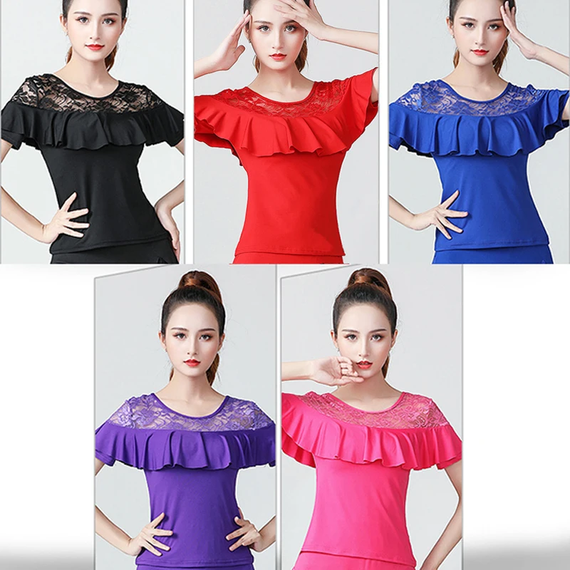 Women Latin Dance Tops Tango Jazz Waltz Ballroom Dancing Shirts Short Sleeve Ruffles T-shirts Dance Practice Performance Costume