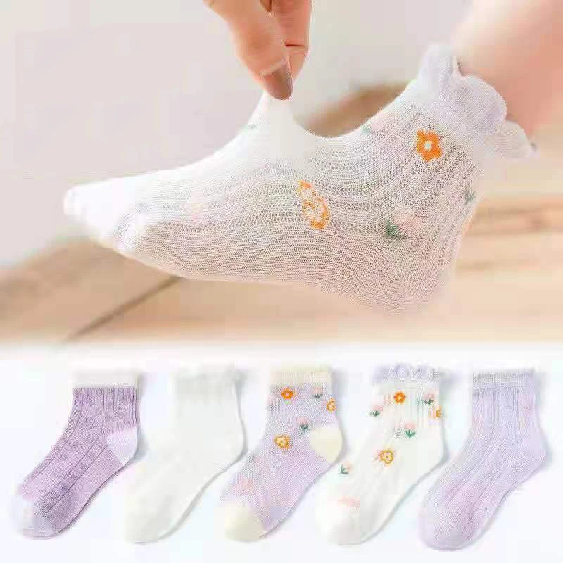 5Pairs/Lot Cute Kids Socks For Girls Boys Cotton Solid Princess Children Sock Casual Summer Mesh Thin Flower Cartoon Socks