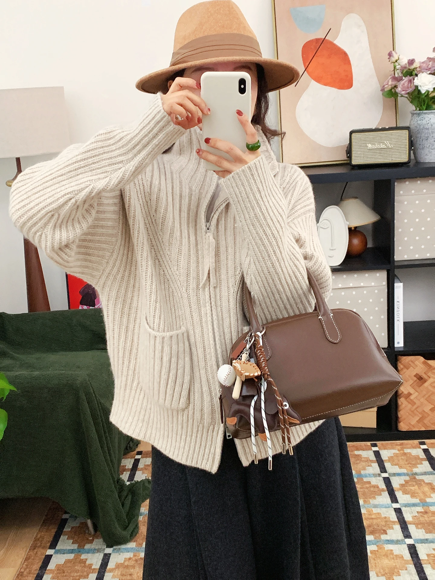 

Thiened 00 Wool Thi Needle Knitted High Collar Double Zipper Open Cardigan Women's Lazy Loose Knitwear Warm Winter Coat