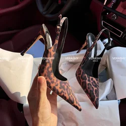 2024 Spring New Brand Woman Slingback Shoes Fashion Leopard Print Ladies High Heels Elegant Pointed Toe Slip on Sandal Mules