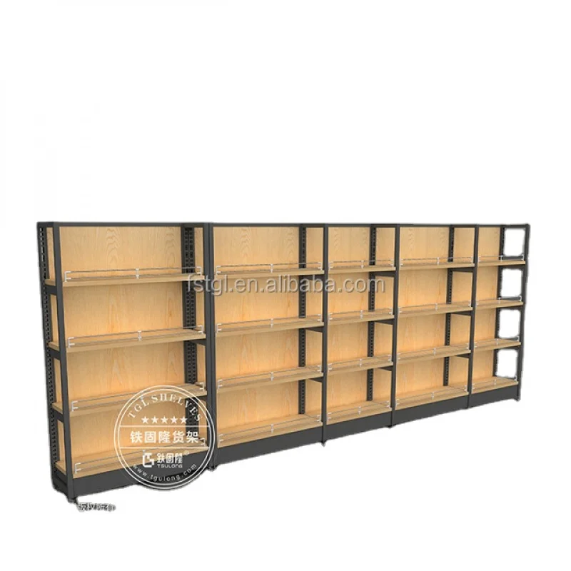 

(customized)Retail store MDF wood shelving supermarket display metal shelf and grocery wooden gondolas