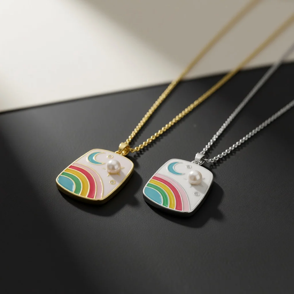 Enamel Rainbow Sun Moon Pearl Inlaid Square Tag Pendant Necklace Elegant Glossy Daily Dating Party Jewelry For Young Women Ladie
