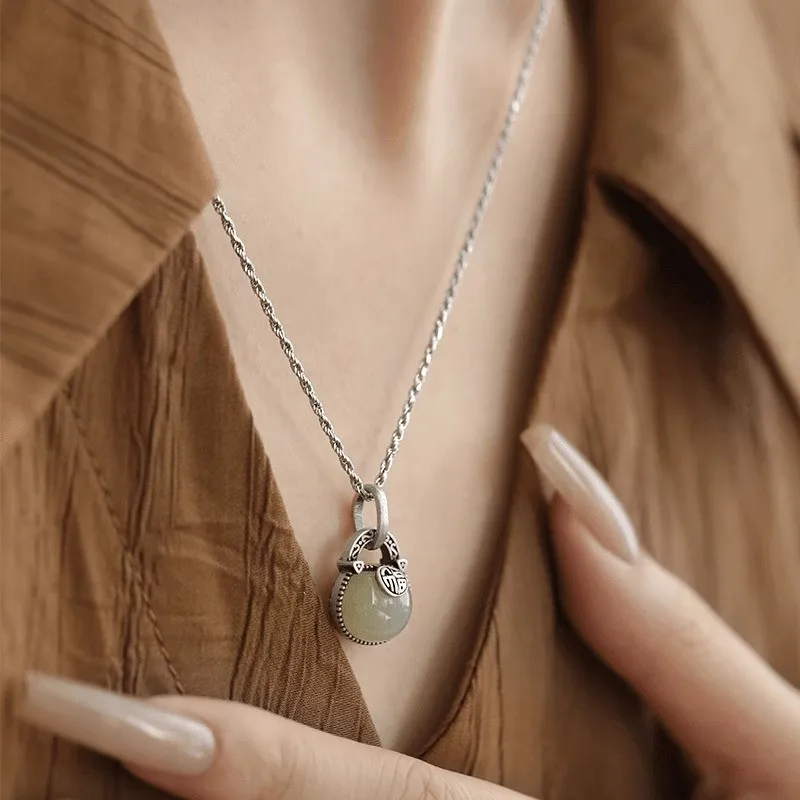 S925 Silver Fu Character Copper Coin Hetian Jade Pendant Chinese Style Retro Niche Light Luxury Chinese Necklace Holiday Gift