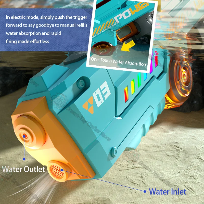 ปืนฉีดน้ําไฟฟ้าของเล่นสําหรับเด็กดูดอัตโนมัติความจุขนาดใหญ่ Blaster พร้อมแสงกลางแจ้ง Splash Soaker ยิงเวลาเล่นสนุก