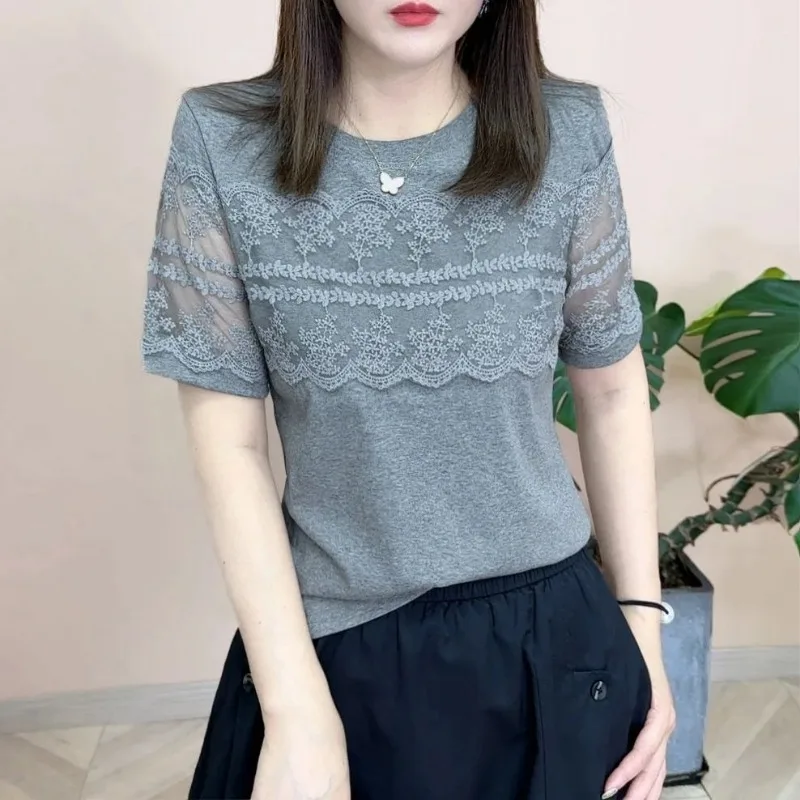 

Short Sleeved T-shirt Versatile Slimming Round Neck New Lace Solid Color Splicing Summer Fashion Top