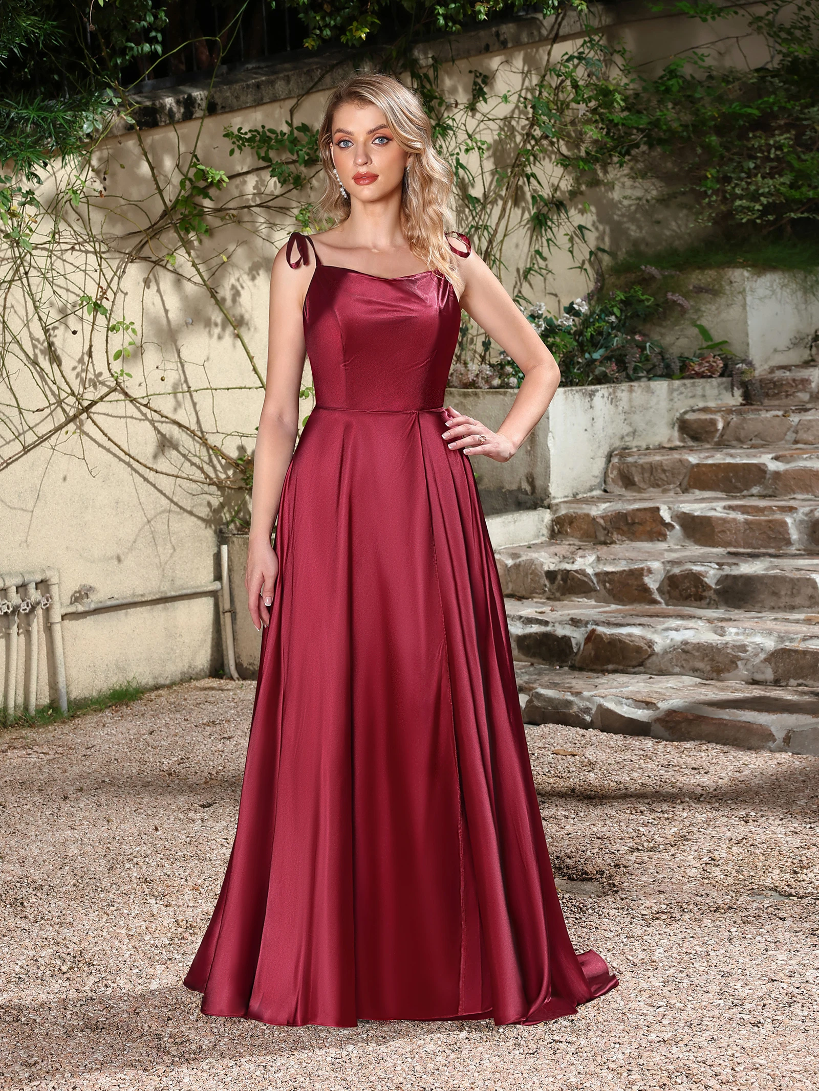 MisShow Long Bridesmaid Dresses Adjustable Spaghetti Straps Backless Sling Evening Dress Satin A-line High Split Party Gowns