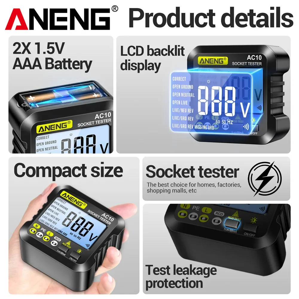 소켓 극성 위상 검사기 ANENG AC10 플러그 감지기 제로 라인 플러그 위상 감지기 미국/유럽 플러그 멀티미터 테스트 도구