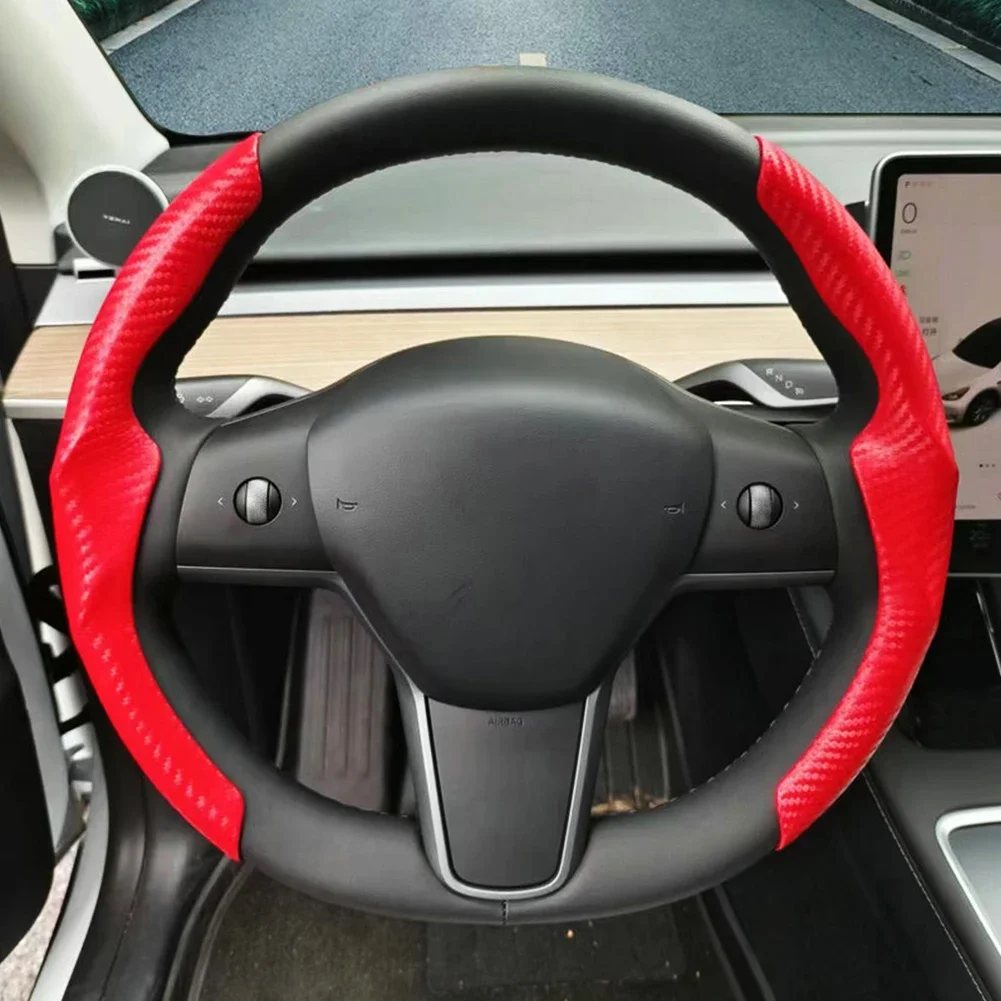 1Pair Tesla Model 3/Y Steering Wheel Cover Suede Carbon Fiber Steering Wheel Custom-Fit Protector No Slip Comfortable Grip Parts