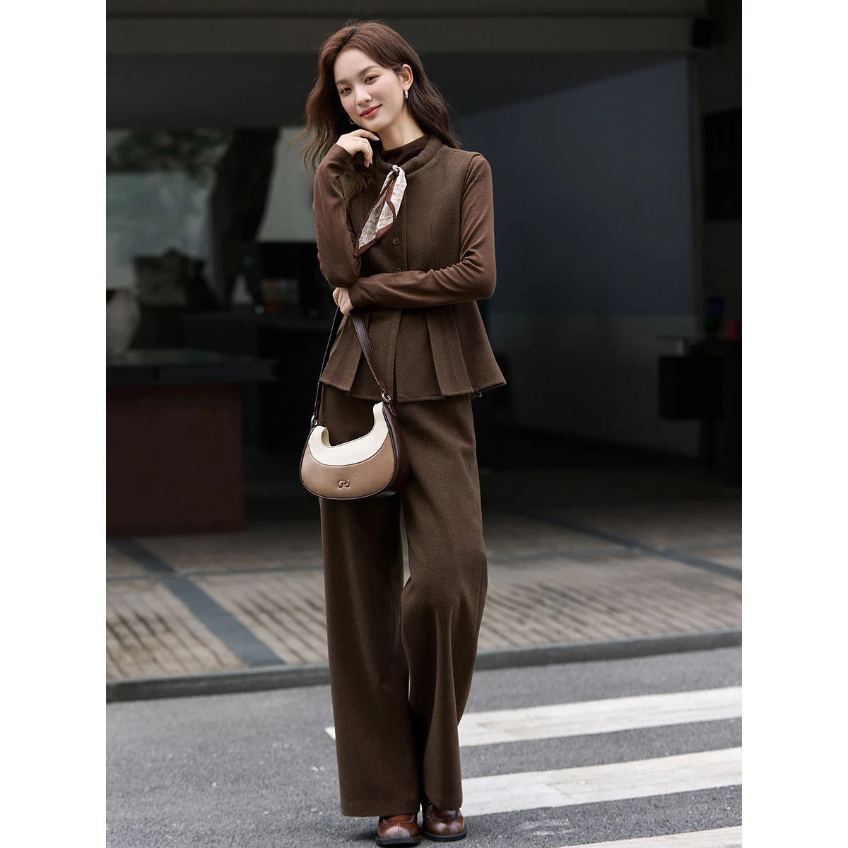 VIMLY Women Brown Three-piece Set 2026 Winter New Stand Collar Vest Basic Tops Long Pants French Style Commuter Outfit A3227