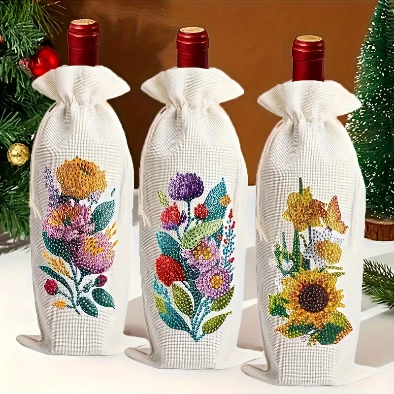 

3-piece 5D White Diamond Painting Wine Bag Embroidery Set, Red Wine Champagne Decorative bag Diamond Painting Kit Adult Diamond