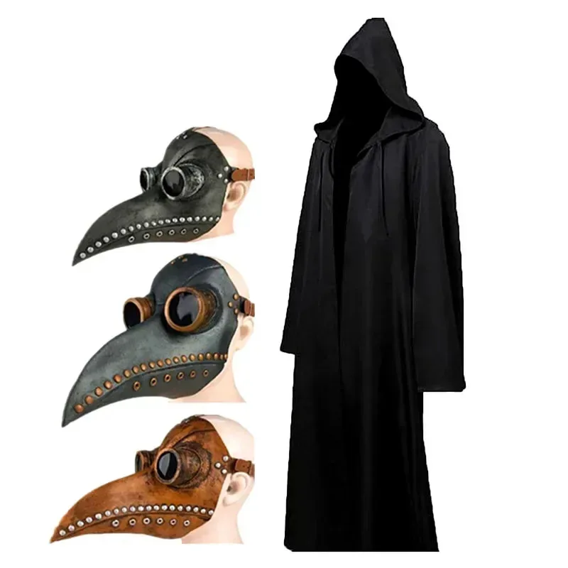 Capa de Halloween, máscara de Doctor de la peste, disfraz de Cosplay, Camisa larga de hechicero, bata negra con capucha, conjunto de disfraz de vacaciones para adultos y niños