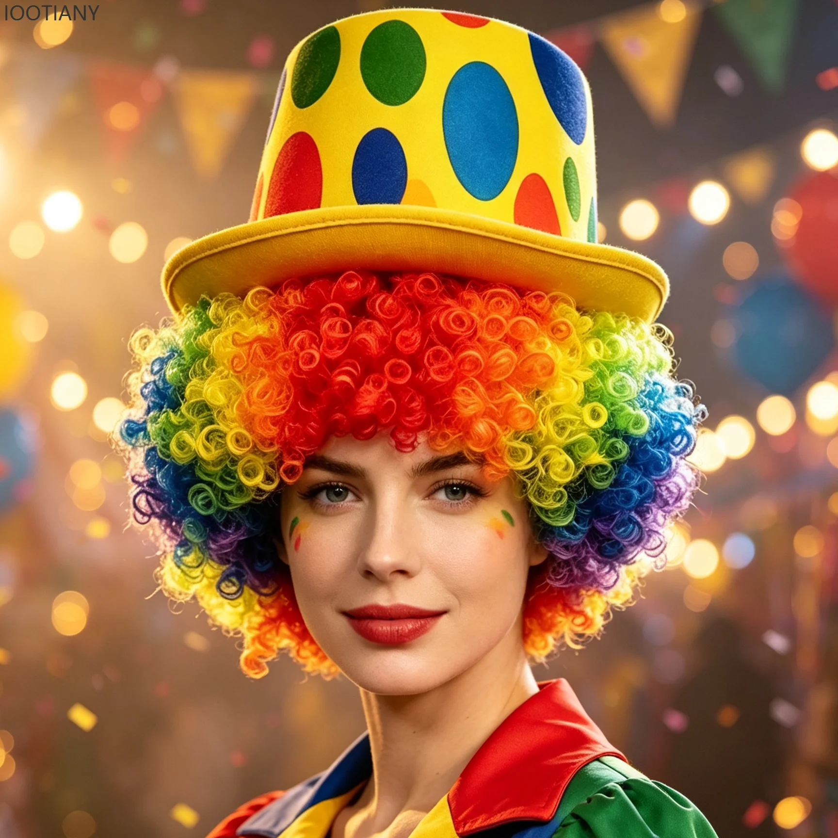 Bright Rainbow Clown Hair Wig Dot Decorated Top Hat Halloween Carnival Birthday Role Play Cosplay Outfit Accessories Headpiece 3