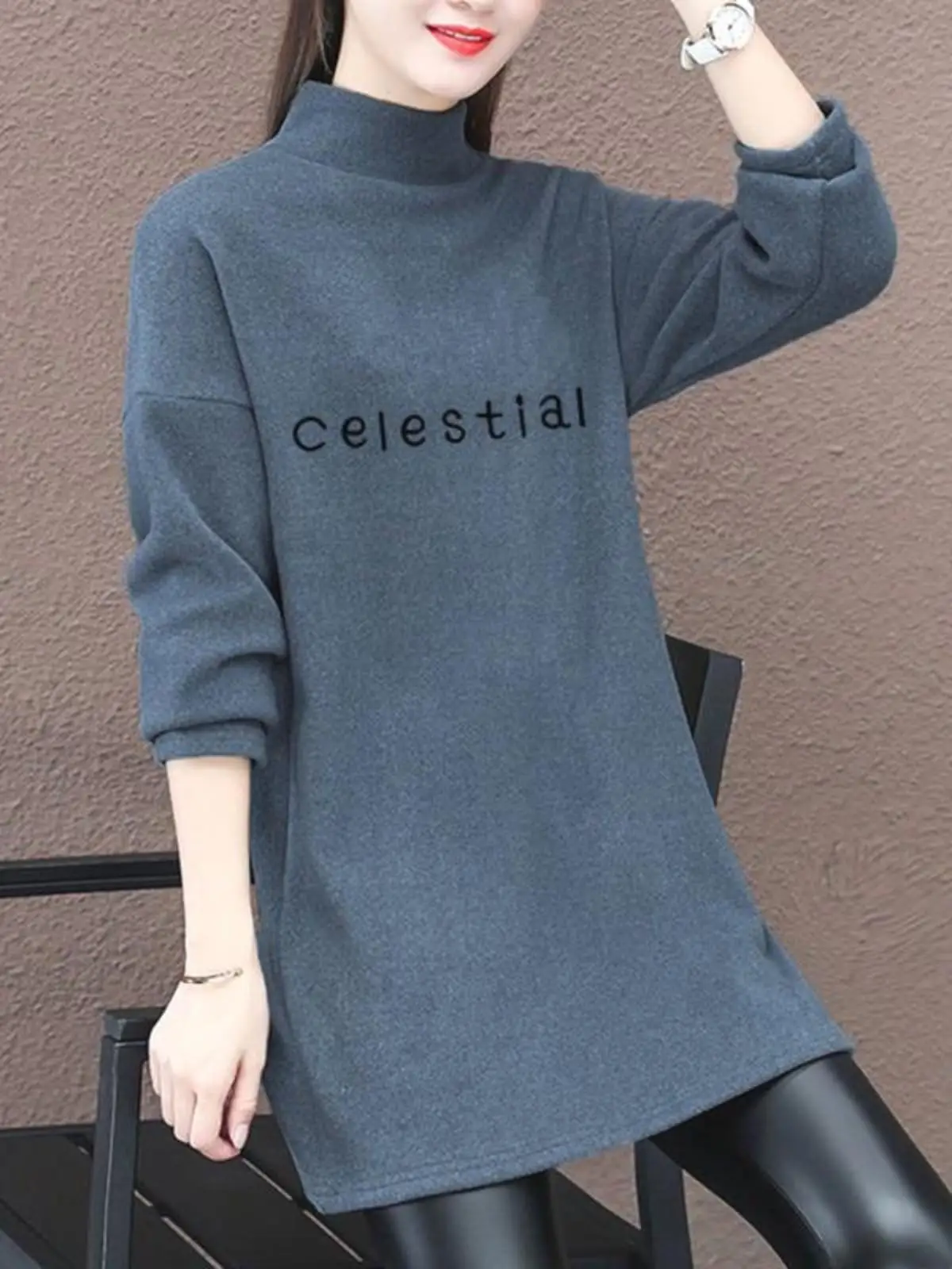 女性の両面カシミヤハーフハイカラールーズ長袖ベースシャツ秋冬ツーピースセットカジュアル快適