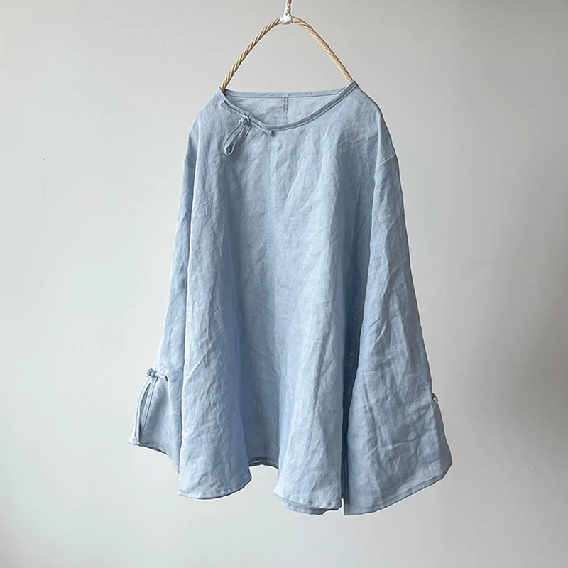 

Women Long Sleeve Ramie T-shirts New 2025 Spring Vintage Style Plain Color Loose Female Flare Sleeve Casual Tops Tees M995