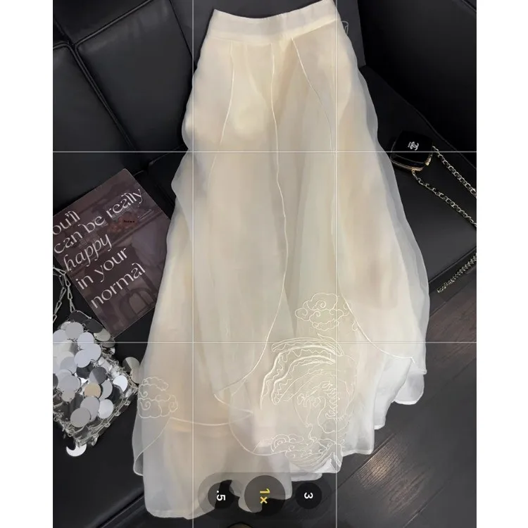 New Chinese Style Heavy Embroidery Midi Skirt Women's White Fairy Gentle Wind 2026 New Versatile Mid-Length Umbrella Skirt