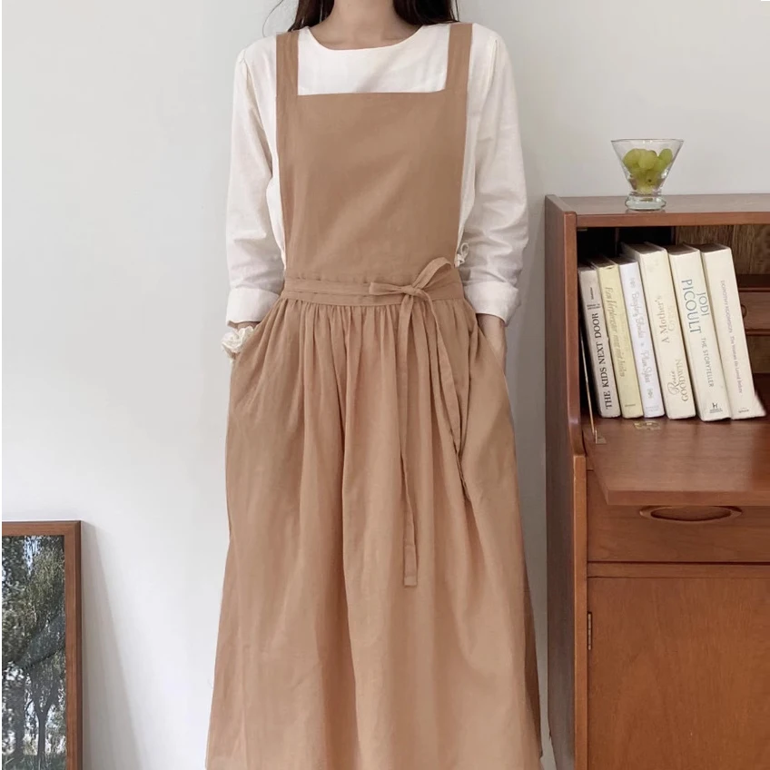 Waterdrop Women Cotton Linen Cross Back Apron with Pockets for Gardening Works Pinafore Dress