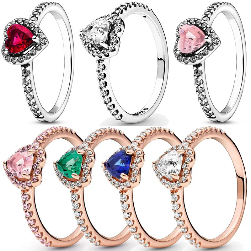 925 Sterling Silver Ring Elevated Red Heart With Colorful Crystal Rings For Women Valentine\'s Birthday Gift DIY Jewelry