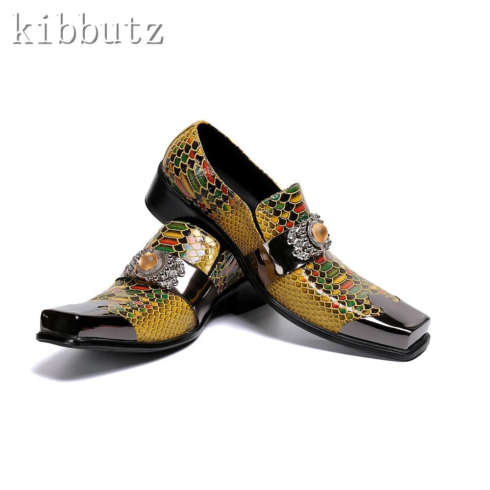 

Luxury Design Square Toe Leather Shoes Snake Pattern Gem Buckle Fashion Personalized Wedding Party Men Dress Shoes