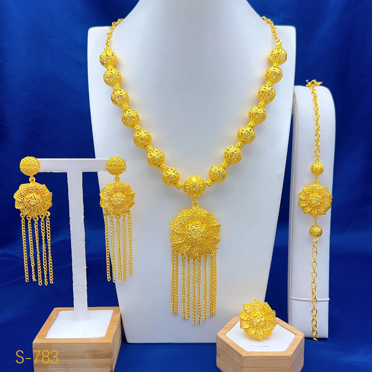 Fashion African Bead Jewelry Set for Women Nigeria Dubai Gold Color Wedding Tassel Necklace Earrings Bracelet Ring Bridal