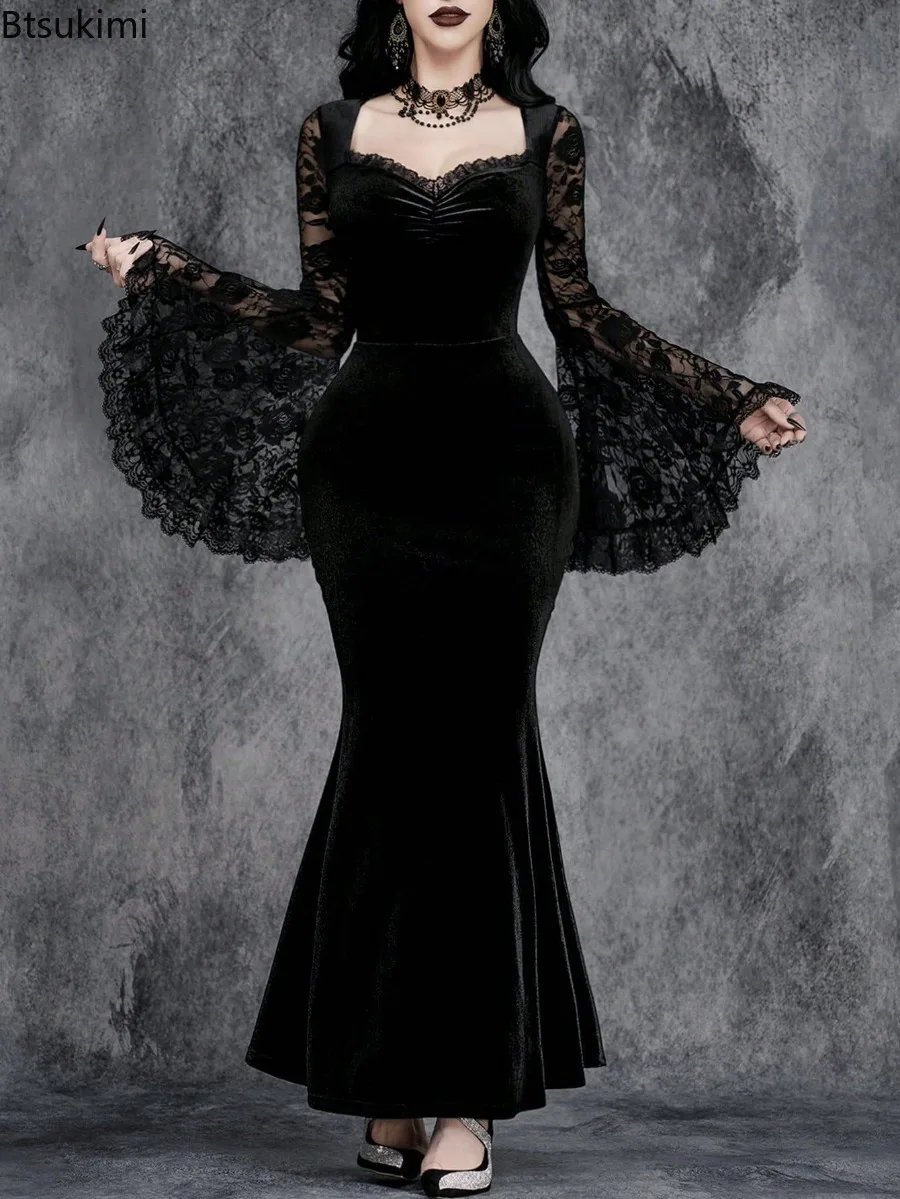 

2025 Goth Dark Velvet Elegant Gothic Punk Flare Sleeve Dresses Sexy Slim Lace Patchwork Dress Halloween Cosplay Party Costumes
