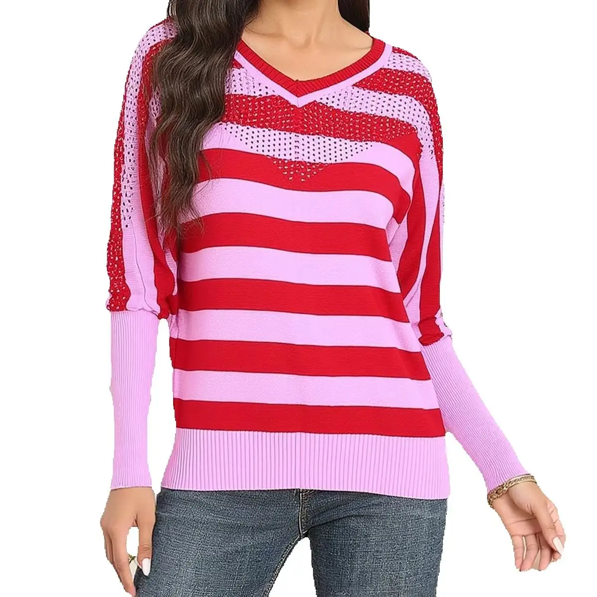 Camicia a righe con maniche a pipistrello maglione estivo taglie forti da donna per donna Top streetwear larghi Primavera Autunno 2025