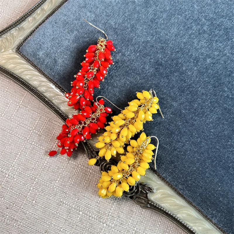 

New National Trend Color Chinese Red Lemon Yellow Beads Tassel Earrings Bridal Festive Accessories for Women Christmas Jewelry