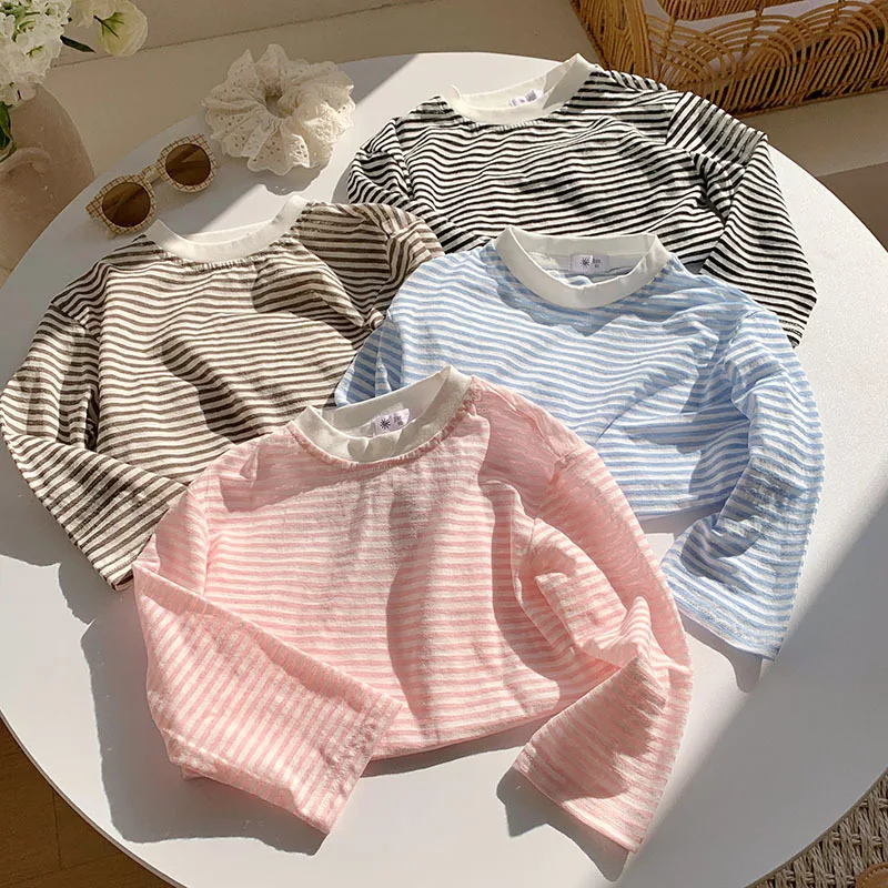 Korean Sunscreen Clothes Children's Clothes New Boys and Girls Fashionable Loose Long-sleeved Striped T-shirt Top
