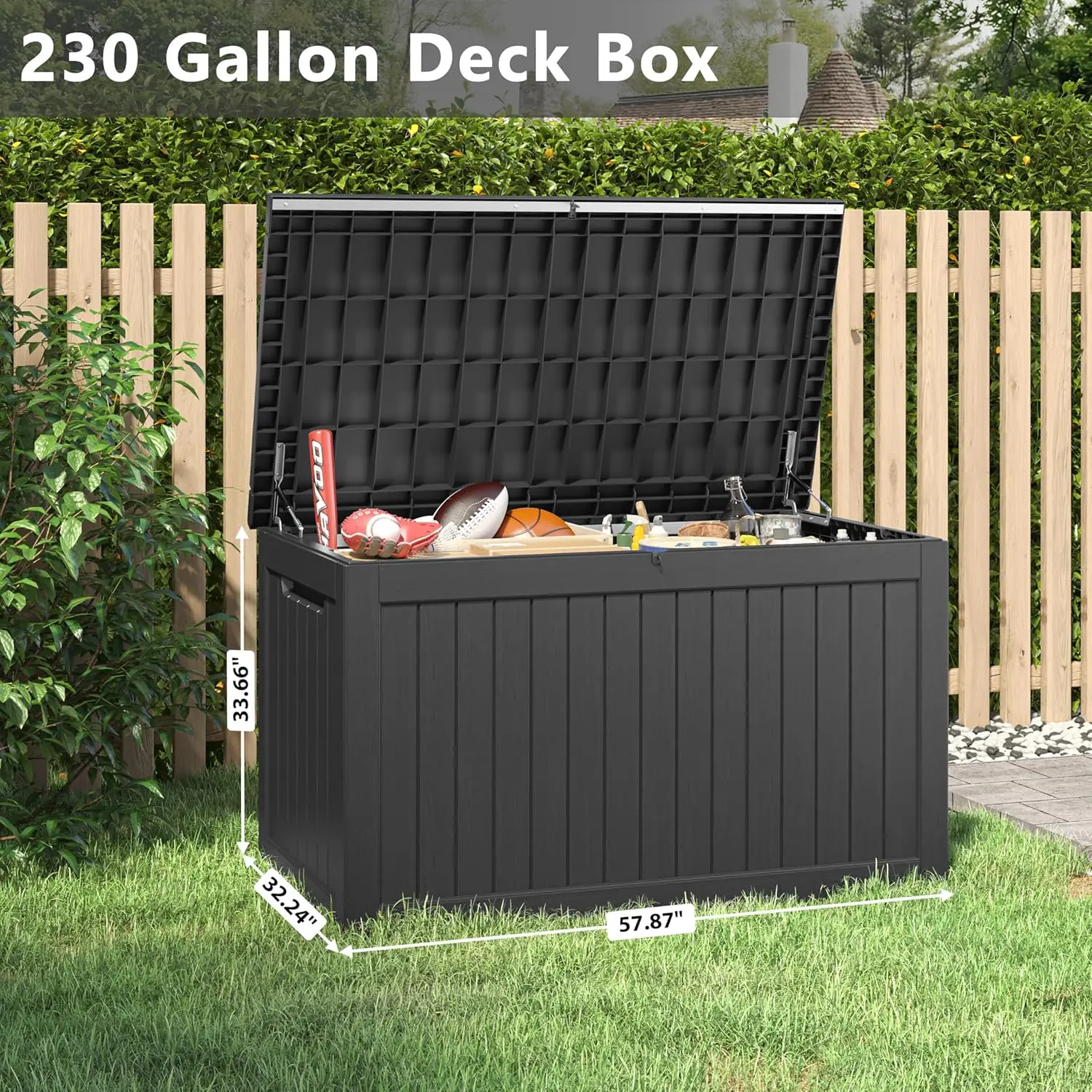 230 Gallon Outdoor Storage Box, Deck Box Resin Waterproof and UV Resistant Lightweight Deck Box for Garden Tools, Pool Supplies