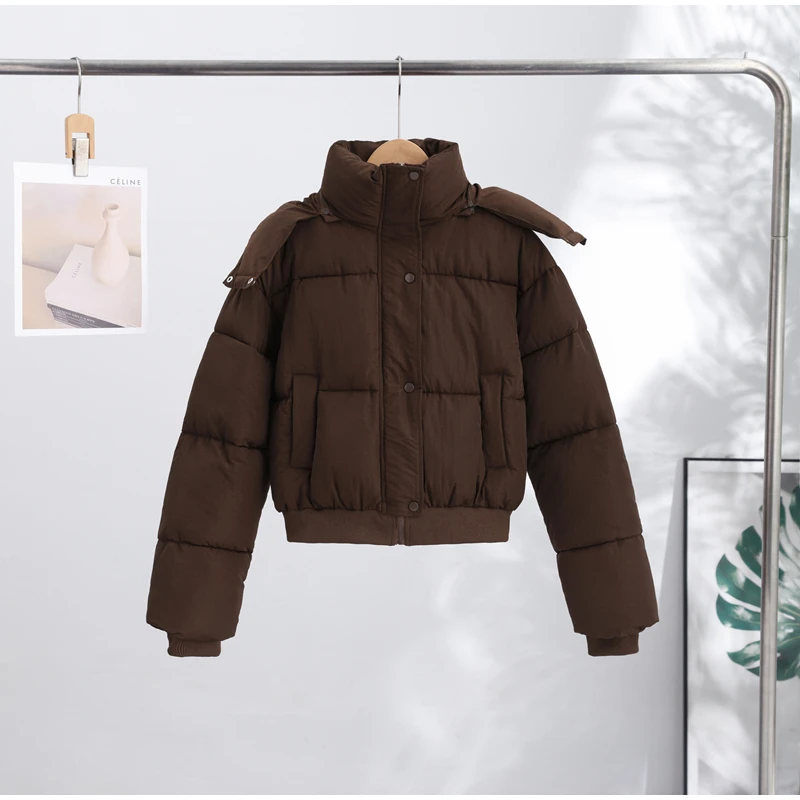 Women's Cropped Puffy Jacket Detachable Hood Drawstring Waist Drop Shoulder Long Sleeve Loose Padded Winter Down Jackets