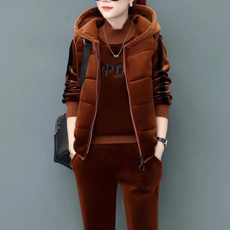 

2023 Autumn and Winter New Women Suit Thicken Warm Jacket Loose Hooded Coat Leisure Sports Suit Stand Collar Top Thermal pants