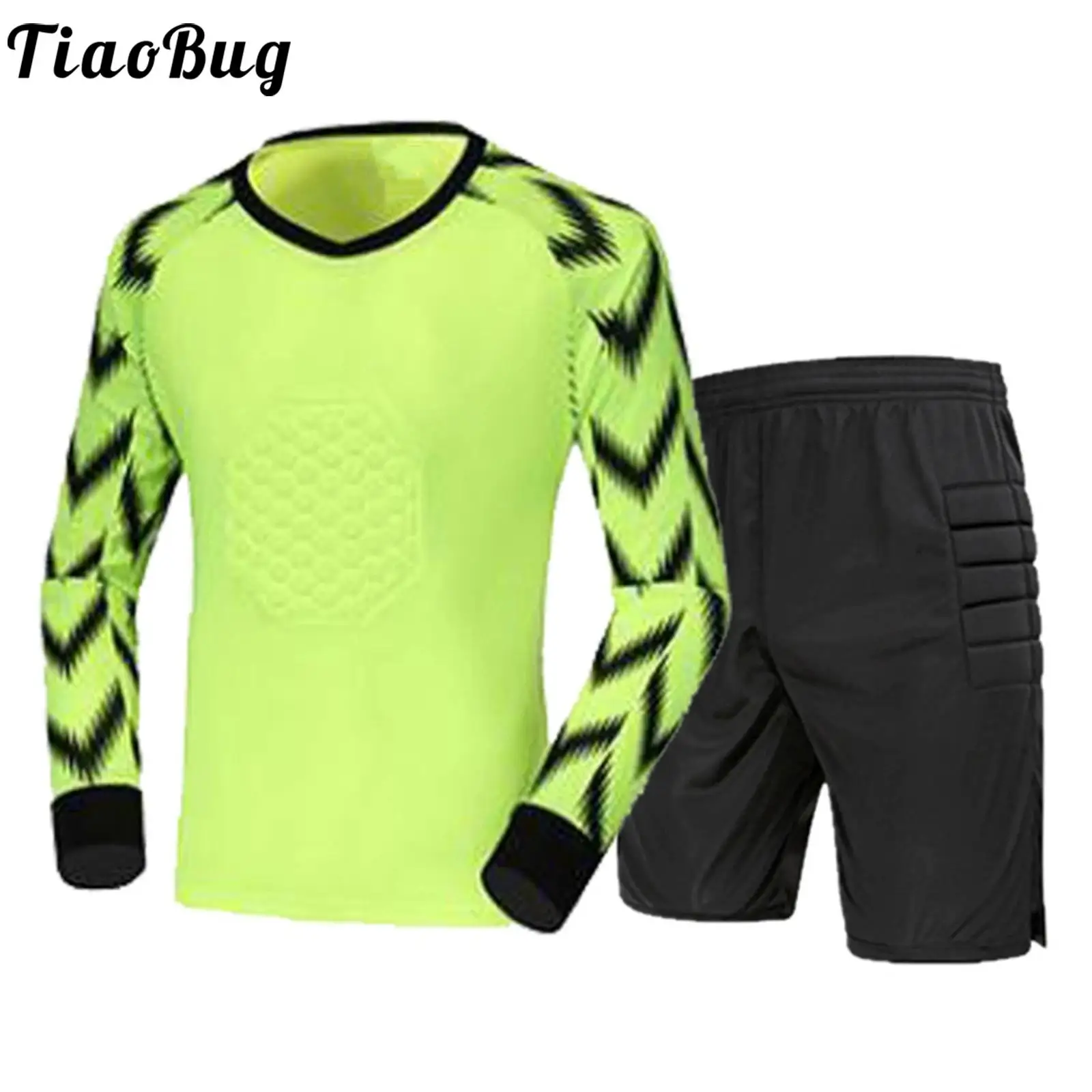 

Kids Boys Sports Suits Soccer Goalkeeper Uniform Long Sleeve Soft Padded Top Jersey Shorts Set for Football Basketball Training