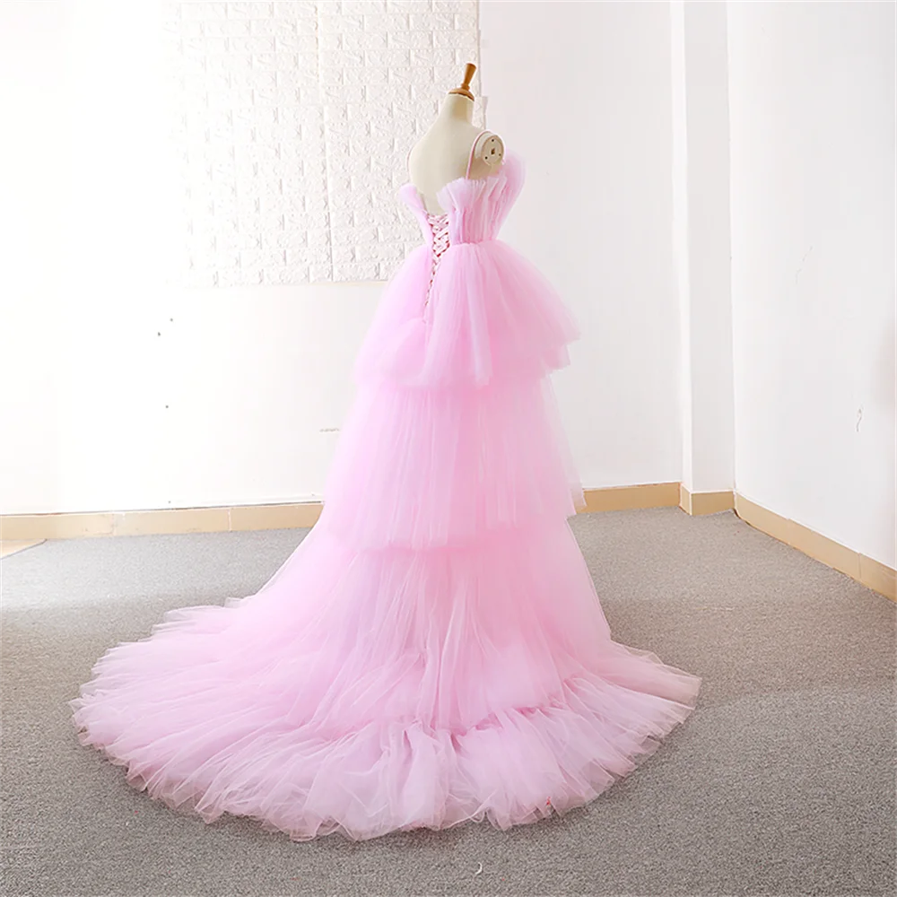 Amanda Elegant Tulle Sweep Train فستان سهرة Princess High-low Vestido De Novia Sexy Strapless Prom Gown V-neck Prom Dress 2023