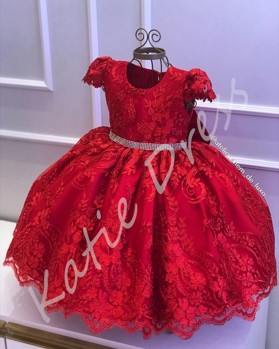 Elegante vestido de niña de flores rojas para boda, Apliques de encaje satinado, cuentas, Princesa, fiesta de cumpleaños, primera comunión, vestidos de baile