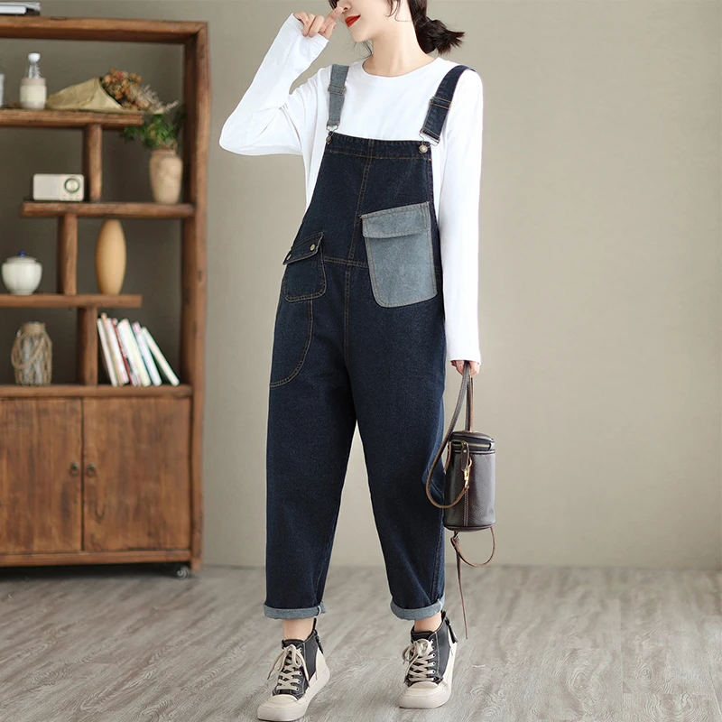 Fashion Streetwear Denim Jumpsuit Women Vintage Loose Patchwork Color Contrast Jeans Overalls Pockets Wide Leg Cargo Baggy Pants