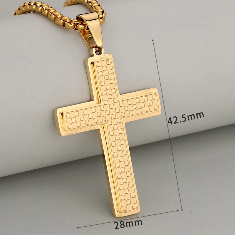 Stainless Steel Checkerboard Cross Pendant Necklace Men Women Classic Double Layers Tarnish Resistant Waterproof Religious Charm
