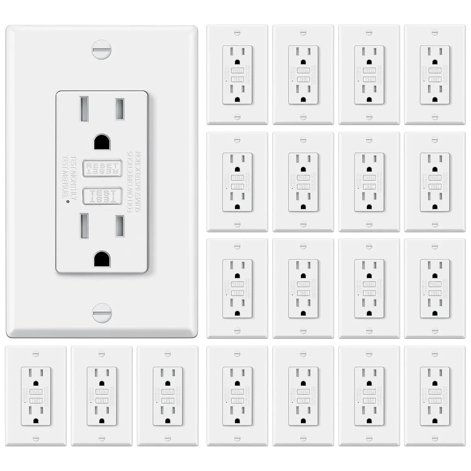 20 Pack GFCI Outlets 15 Amp, Tamper Resistant (TR), Ultra Slim GFI Receptacles with LED Indicator,  , ETL Listed, White