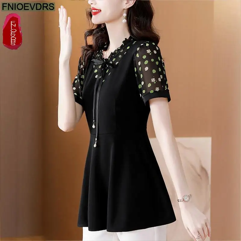 M5XL Loose Clothes 2024 Women Summer Short Sleeve Elegant Ruffles Shirts Casual Retro Tunic Peplum Bow Tops And Blouses