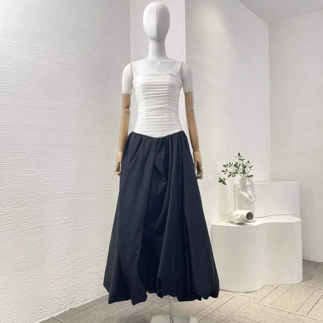

2025 New Cotton High Quality Black White Pink Pleat Sleeveless Midi Tube Dress for Women