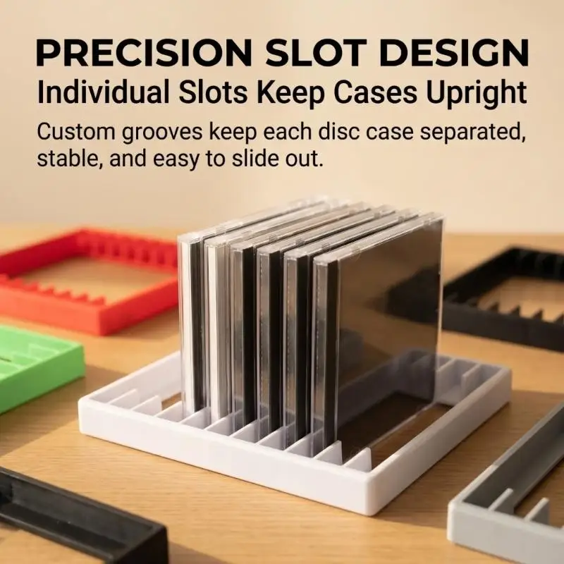 12-Divider Disc Case Collection Rack with Separated Vertical Storage, Visible Spines, and Desktop Display for Browsing D2RC