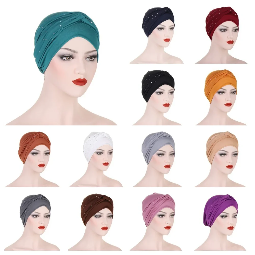 

Женский мусульманский хиджаб, тюрбан, складной завязанный узлом для волос, шарф с бриллиантами, эластичная повязка на голову, головные уборы, банданы, женские шапки для волос, шапочка