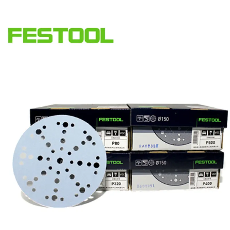 ورق الصنفرة الجاف الأصلي الألماني FESTOOL العقيق 6 "48-Well القرص الصنفرة P80 P120 P180 P240 P320 P400 P500 Mesa 150M