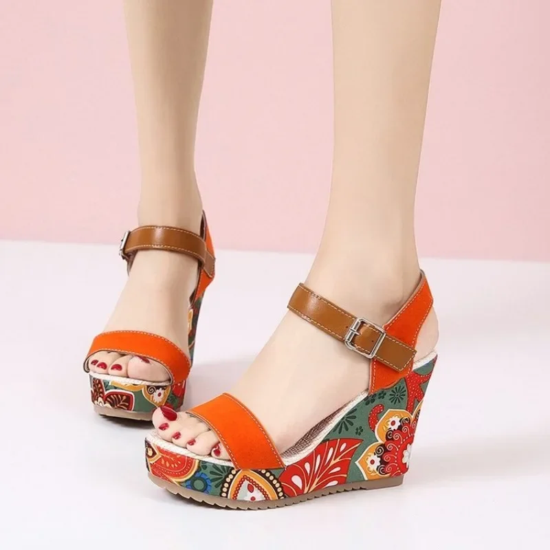 Shoes for Women Summer Wedge Sandals Retro Ethnic Printing Platform Shoes Ladies Casual Ankle Comfortable Sandalias De Mujer