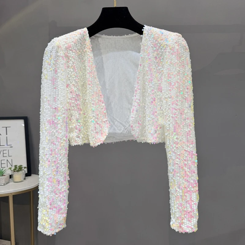 Damen-Pailletten-Cardigan, kurz, langärmelig, glitzerndes Oberteil, funkelndes Bühnenkostüm, Party- und Clubkleidung, Tanzkostüm, Oberbekleidung, T-Shirt. – Detail 7