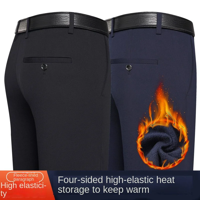 Winter Men\'s Business Warm Straight Casual Pants Male Clothing Flat Stretch Bamboo Office Overalls Thicken Fleece Trousers