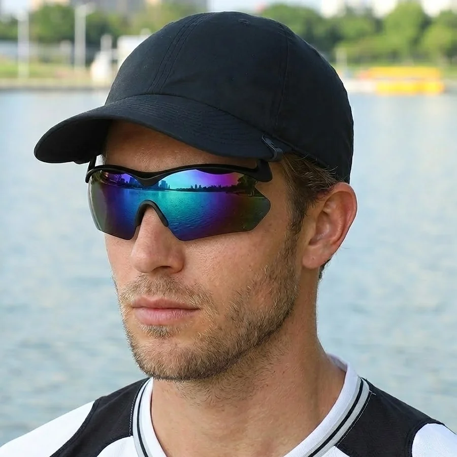 Polarisierte Fahrrad-Sonnenbrille für Damen und Herren in Blau und Rot mit Verspiegelten Gläsern zum Aufstecken auf Mützen, Reduziert Ohrdruck, Schützt die Augen, Leicht zu Transportieren
